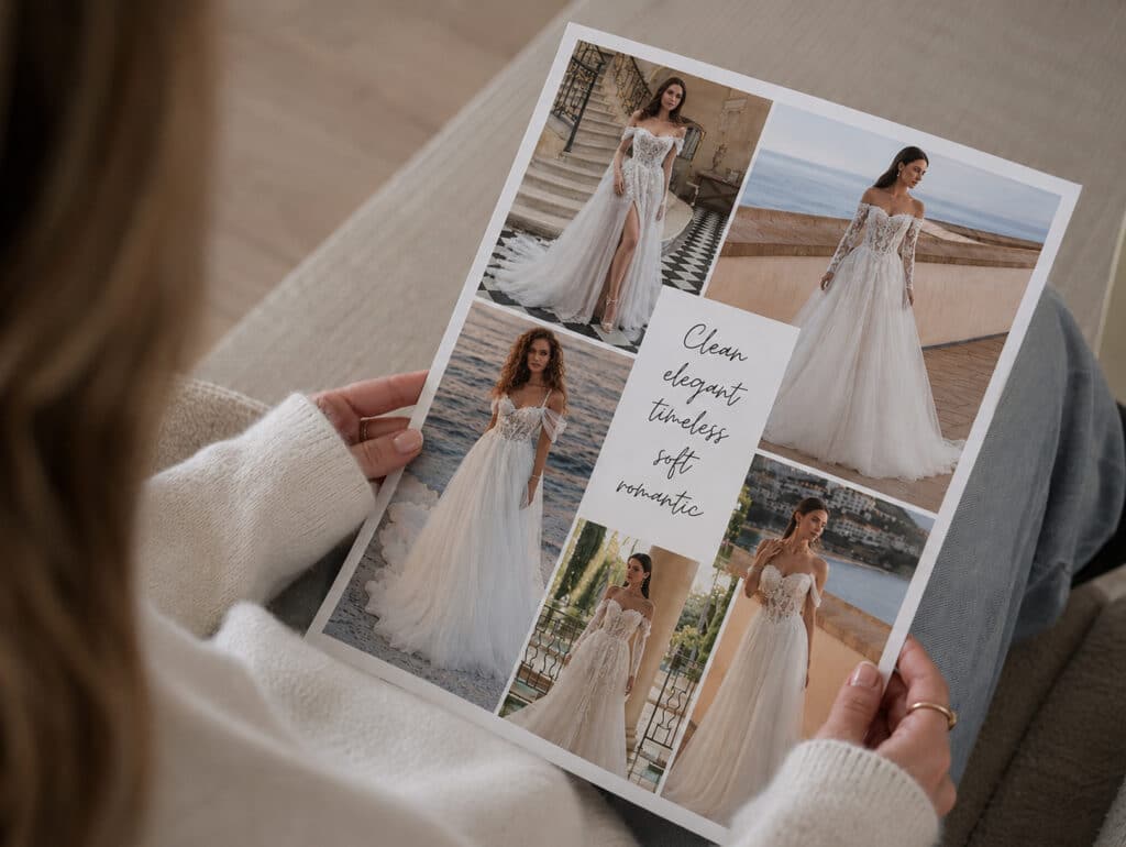 Une future mariée consulte un tableau d'inspiration pour sa robe de mariée