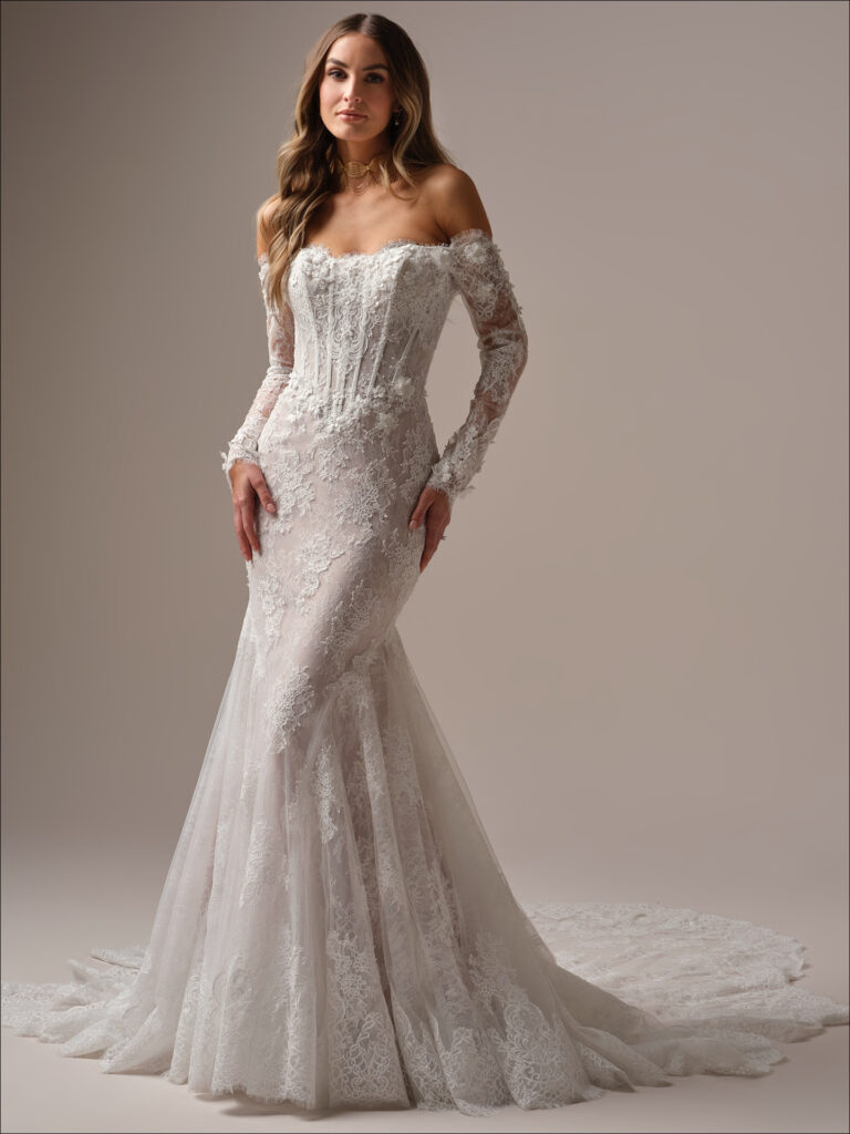 Maggie Sottero Designs TAKERA (25MB941A01 – Unlined bodice, Embellished, Long Sleeves, Chantilly Lace and Plain Tulle)